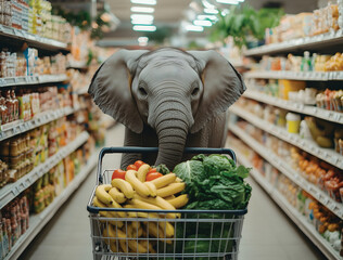 Elephant Pushing Shopping Cart in Grocery Store