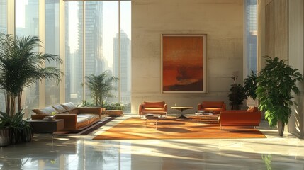 Luxurious modern living room with orange furniture and tall windows