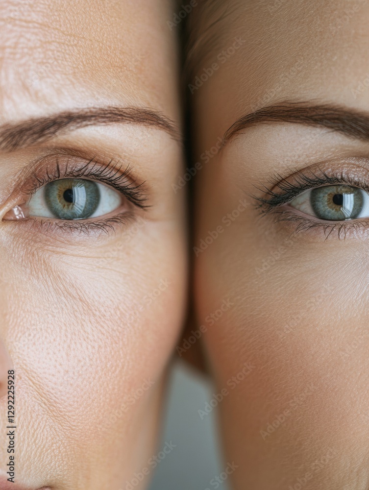 Poster close up view of a womans face showing contrast between aging skin and youthful appearance with medi