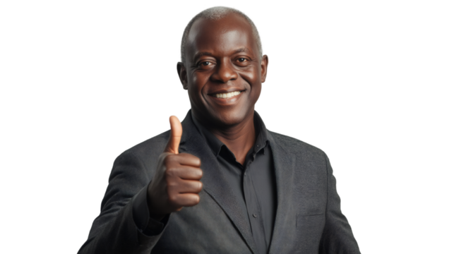 Smiling mature executive giving thumbs up, signaling positive approval against clean white backdrop