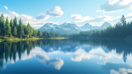 Fototapeta premium Tranquil lake reflecting snowy mountains and forest high resolution picture