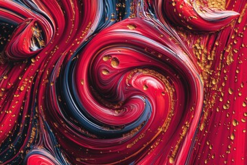 Vibrant swirling abstract oil painting with red and gold accents