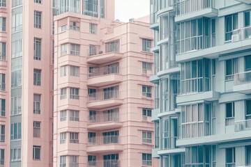 Fototapeta premium Modern geometric urban architecture with minimalist pink and blue buildings