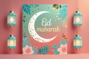 Naklejka premium A modern and refreshing Eid Mubarak greeting card featuring a sleek crescent moon with minimalist geometric patterns