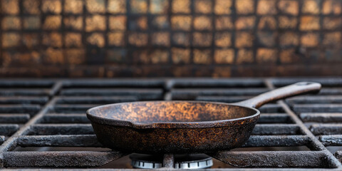 Old Cast iron skillet on a rusty gas burner kitchen stove, dirty kitchen background. Unsanitary cooking conditions. Accessibility of gas to the poor