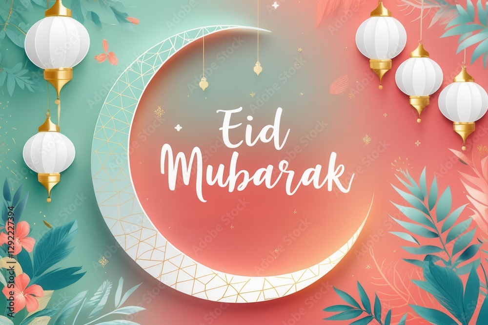 Fototapete a modern and refreshing eid mubarak greeting card featuring a sleek crescent moon with minimalist ge