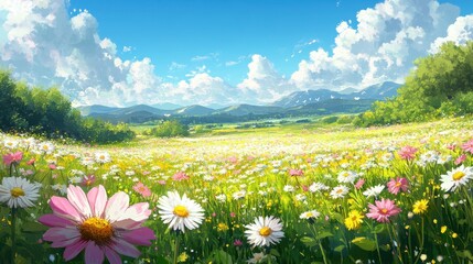 Vibrant wildflower meadow under clear sky in countryside landscape