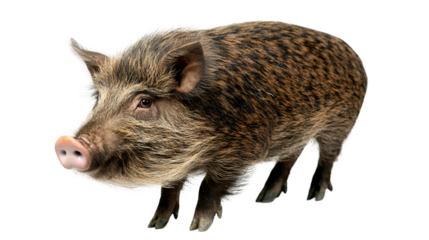 Wild boar standing, gazing leftward with rugged profile, revealing textured fur and powerful physique against clean backdrop