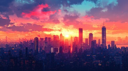 Vibrant sunset over new york city skyline with colorful skies and urban silhouette