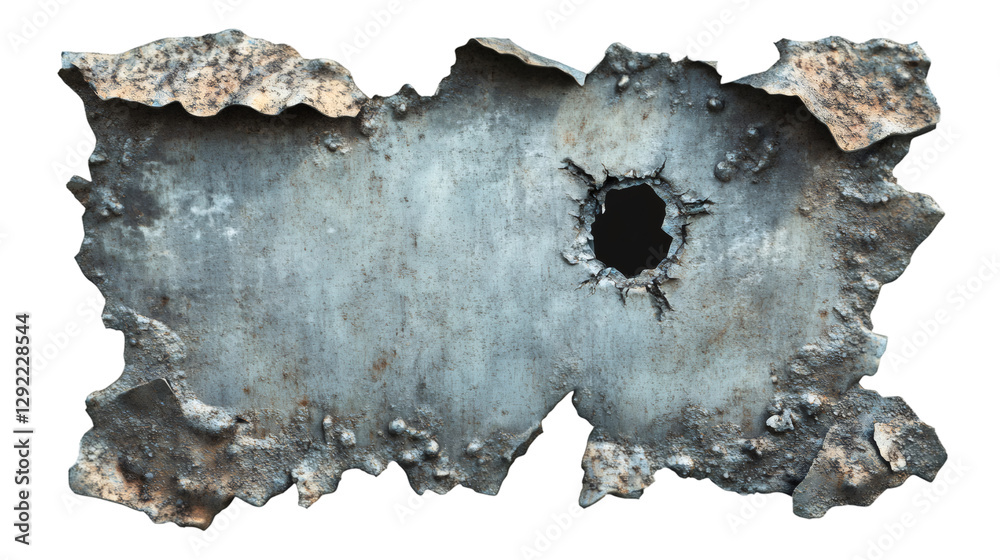 Poster piece of damaged and rusty metal plate with a bullet hole, isolated on transparent background
