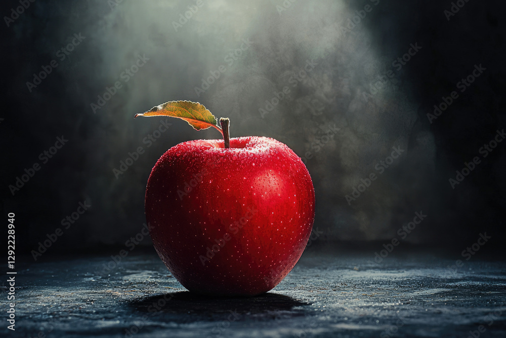 Poster a single, glistening red apple with a leaf sits on a dark surface, illuminated by a dramatic light s