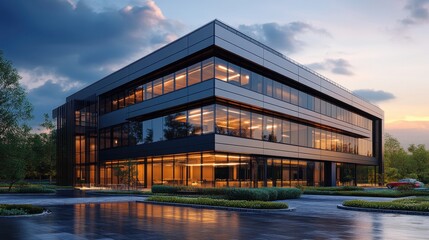 Obraz premium Modern glass office building at sunset with reflective windows and green landscaping