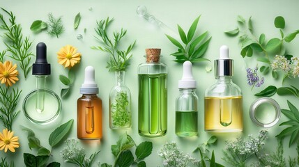 Assorted natural essential oil bottles with fresh botanicals on green background