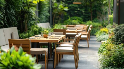 Fototapeta premium Outdoor garden dining area with wooden furniture and lush greenery