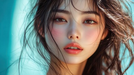 Fototapeta premium Close-up portrait of asian female with wind-swept hair and natural makeup