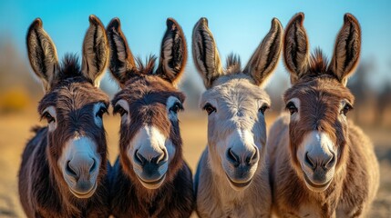 Fototapeta premium Four curious donkeys in a sunny meadow