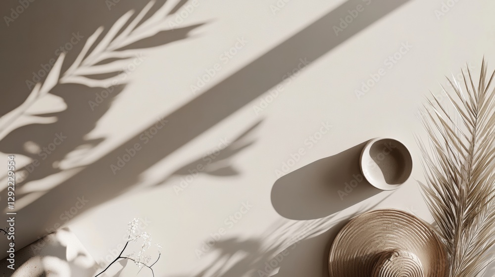 Aufkleber calm interior with shadows of plants and decorative items creating a serene atmosphere in warm light
