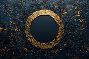 A gold circle frame on a dark textured background with glowing veins, perfect for luxury branding.
