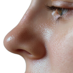 Fototapeta premium Closeup of skin texture on a persons nose highlighting pores in ultra high detail, Closeup a persons nose pores emphasizing texture and detail.