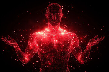 Fototapeta premium Glowing red digital human body model isolated on a black background