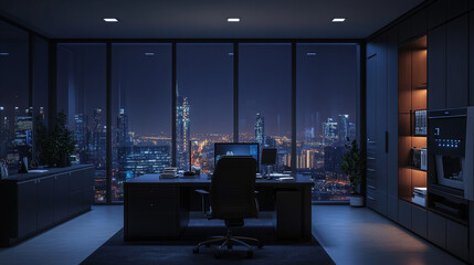 Night office interior with cityscape view in window. Vector cartoon illustration of dark large room with computer display on desk, armchair, drawers with documents, coffee machine, modern workspace