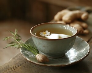 A serene cup of herbal tea with ginger and fresh herbs on a rustic wooden table.
