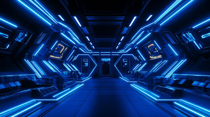 Obraz premium Realistic dark room with led light illumination. Vector illustration of mansard space, nightclub stage, modern art gallery interior design with neon blue lamps. Futuristic backgrouns for space game