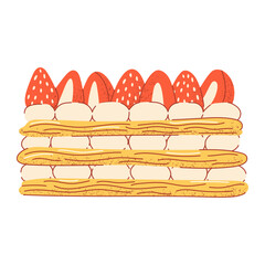 Mille feuille dessert, french Napoleon puff pastry with strawberry, vector illustration, flat hand drawn style with texture. Baked food for sticker, bakery, cafe, restaurant menu