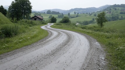 Fototapeta premium Winding dirt road through rural countryside. Possible use for a travel brochure or a nature calendar