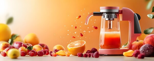A vibrant scene featuring a modern juicer surrounded by fresh fruits including oranges and berries, highlighting the joy of healthy living and fresh juice preparation.