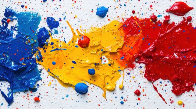 A vibrant splash of blue, yellow, and red paint creates an artistic mess on a textured canvas, ideal for use in creative projects, art event promotions, or as a background for artistic expressions,