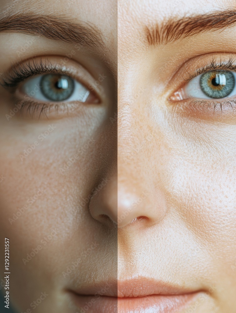 Fototapete Contrast of aging and youth on a womans face with drawn lines signifying aging on one side. Generative AI