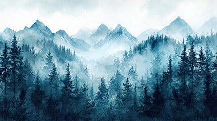 Obraz premium Misty mountain landscape with pine forest and foggy valleys