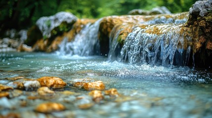 Tranquil stream with cascading waterfall and mossy rocks in lush forest setting