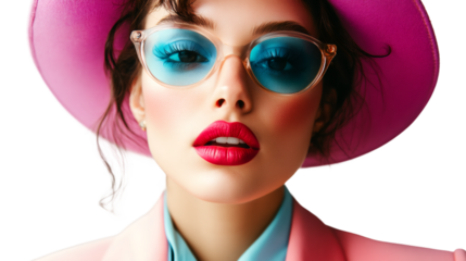 Fashion model wearing pink hat, blue sunglasses, sporting trendy urban style against transparent backdrop