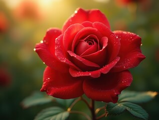 Captivating red rose illuminated by golden sunlight in a blooming garden