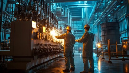 Fototapeta premium Two workers in protective gear operate machinery in a large industrial facility, surrounded by glowing lights and equipment, depicting safety and teamwork in the manufacturing sect