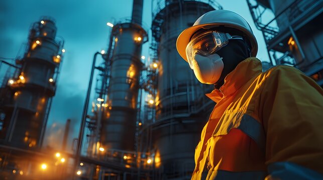 Worker in protective gear at a modern industrial site during twilight hours.