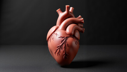 Realistic anatomical heart sculpture with intricate details in brown against a dark background, symbolizing life, love, and emotion in artistic representation.