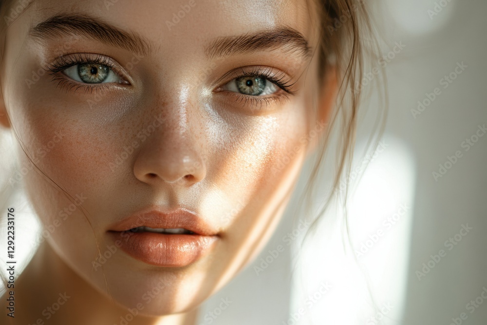 Poster close up portrait of a woman with captivating eyes and flawless skin illuminated by soft natural lig