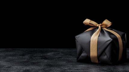 Elegant black gift box with gold ribbon on dark background, perfect for luxury celebrations