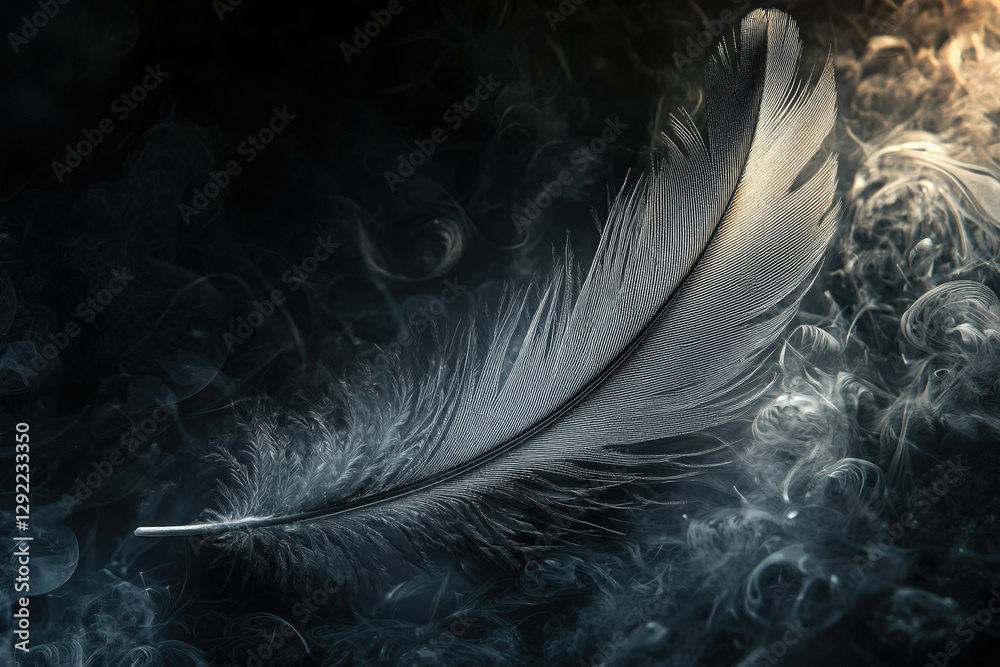 Poster a single, delicate feather floats amidst swirling smoke, creating an ethereal and moody atmosphere.