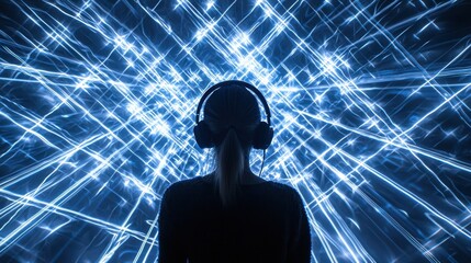 Immersed in a cosmic light show with headphones on, a moment of personal discovery unfolds