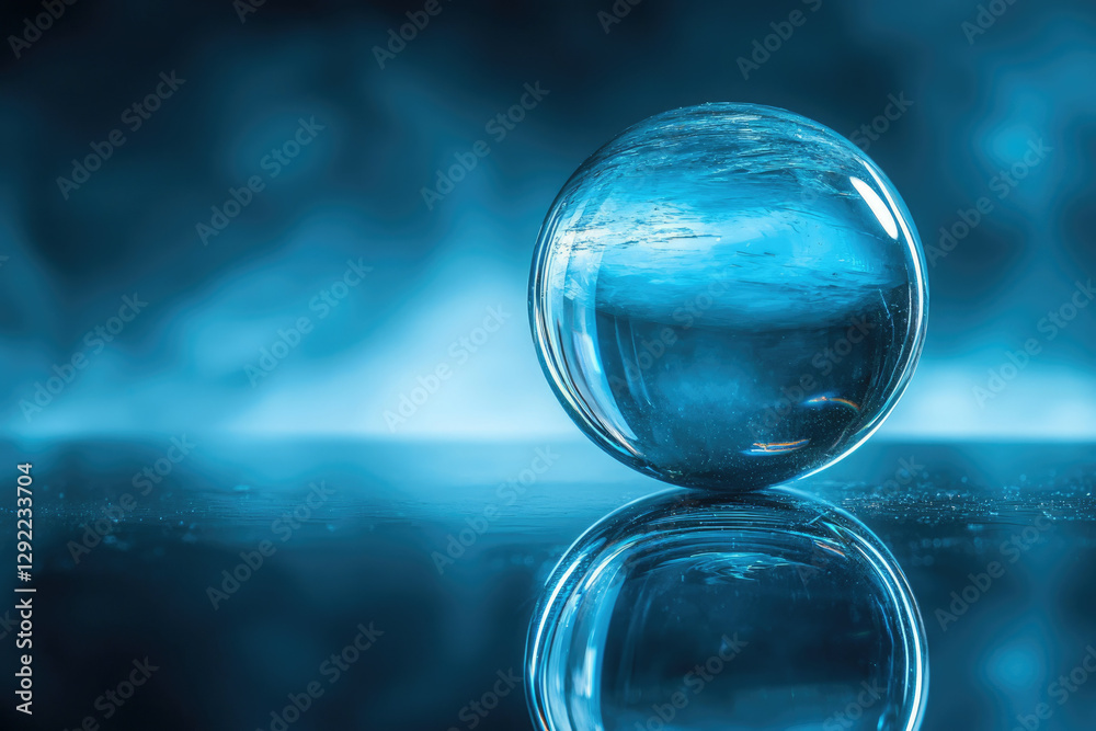Poster a crystal sphere reflects a blurred blue background, creating an ethereal and mysterious atmosphere.