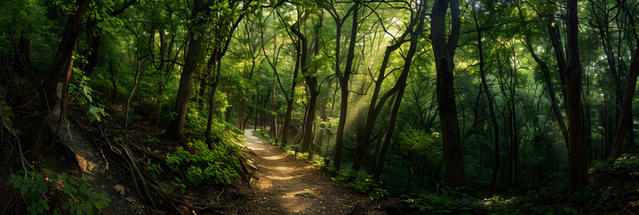 Obraz premium Sunlit Forest Path: A Serene Exploration Through Verdant Woods