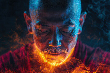 A serene bald man with eyes closed, his beard seemingly engulfed in fiery, ethereal smoke.