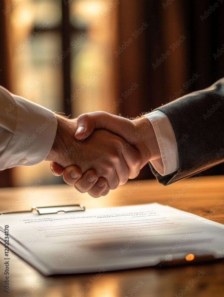 Aufkleber business partners agree on a contract while shaking hands in a cozy office setting during afternoon 