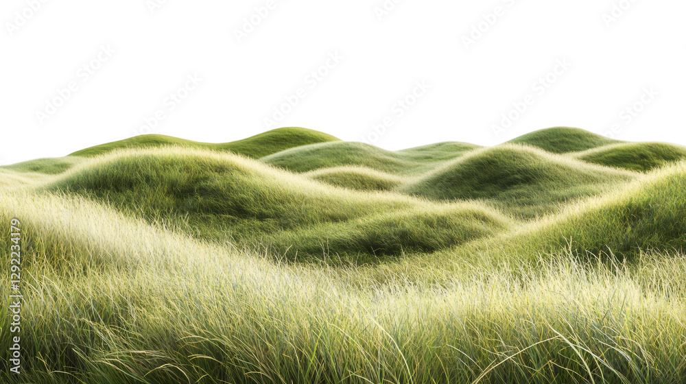 Poster green grass field forming soft hills, isolated on transparent background, ideal for architectural vi