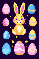 Obraz premium Celebrate Easter with a cheerful banner featuring a happy bunny and colorful eggs