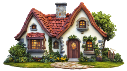 Whimsical fairytale cottage glowing softly, nestled among garden flowers during twilight, transparent background perfect for digital design compositions